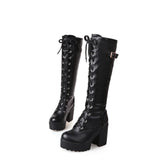 Schwarze Gothic Punk-Lederstiefel mit Schnürung und kniehoher Plateausohle